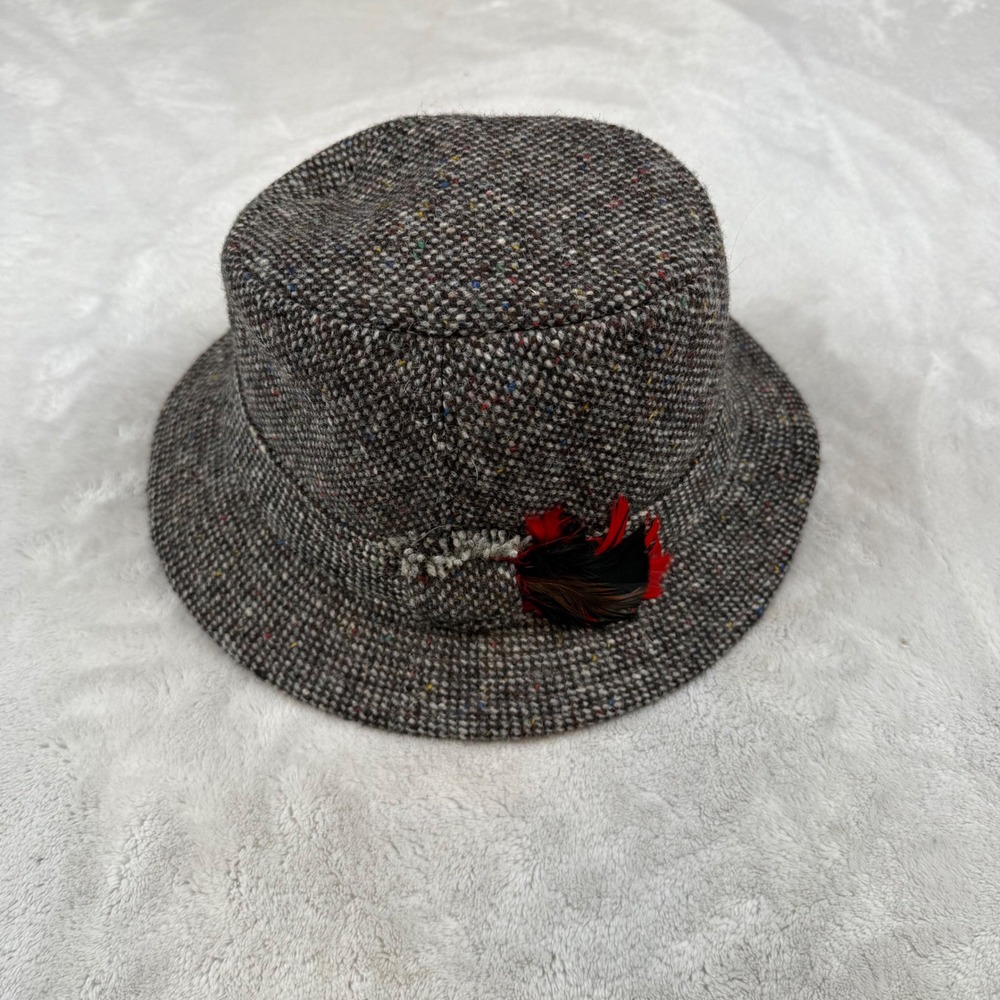 Hanna Hats of Donegal Mens Grey Donegal Tweed Wool Walking Hat with feather